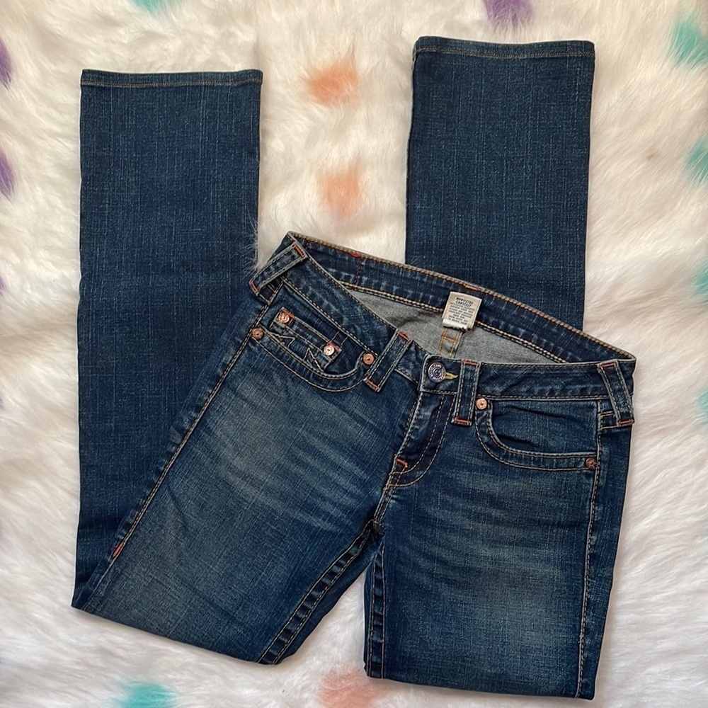 True Religion Women's Straight Leg Jeans in Dark Blue Denim